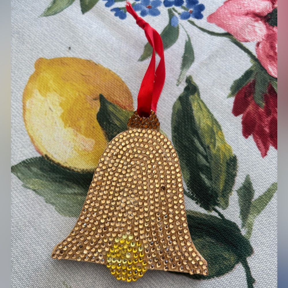 Gold Beaded Bell Ornament with Red Ribbon